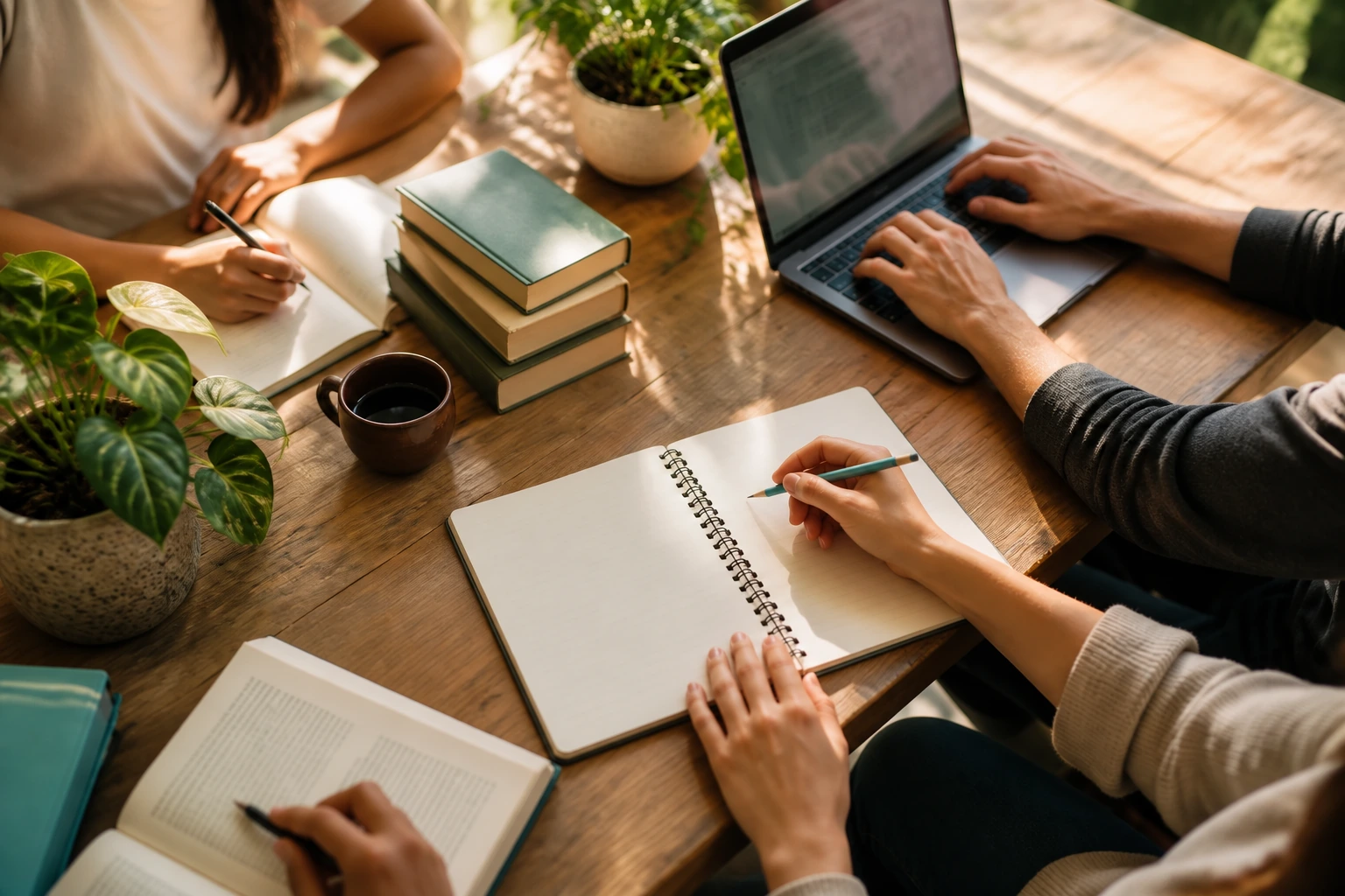 Concept image of people learning together at a sunlit table